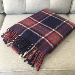 Vintage Large Navy Red and Cream Plaid Wool Blanket with Colored Fringe